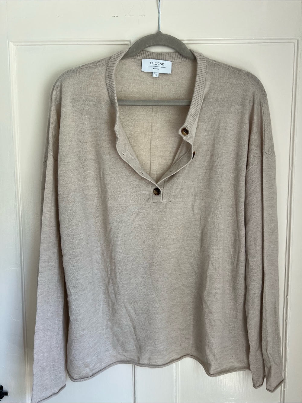 La Ligne XL Neutral Beige 100% Cashmere Button-Neck Lightweight Sweater